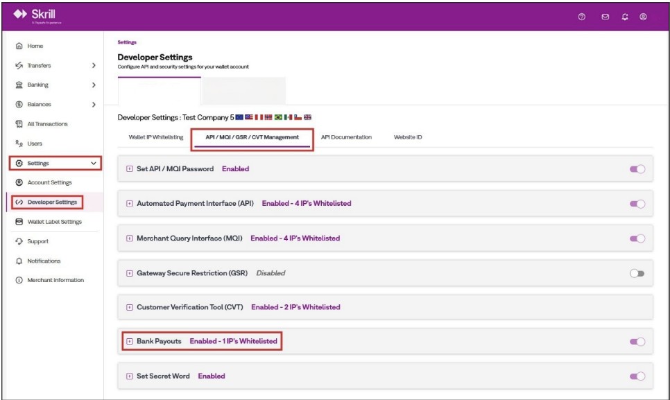Bank Payouts IP whitelist settings