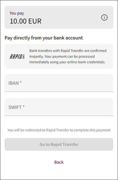 Direct bank transfer step 1 - enter IBAN and Swift and select a bank