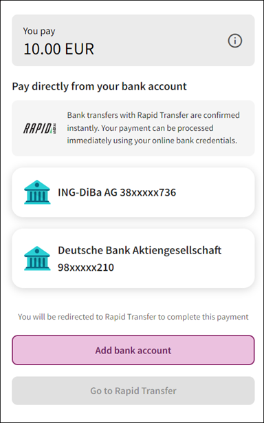 Direct bank transfer step 2 - select a bank or add bank account