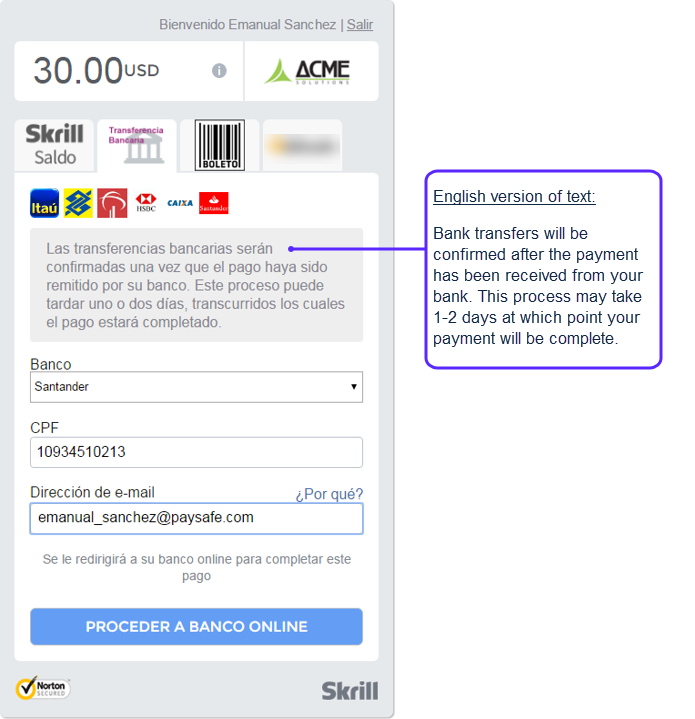 Manual bank transfer step 1 - enter name and ID and select a bank