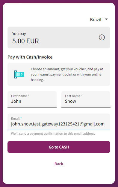 Cash payment step 1 - single cash payment option available