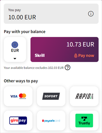 Top of payment form shows total amount to pay using Skrill or other methods