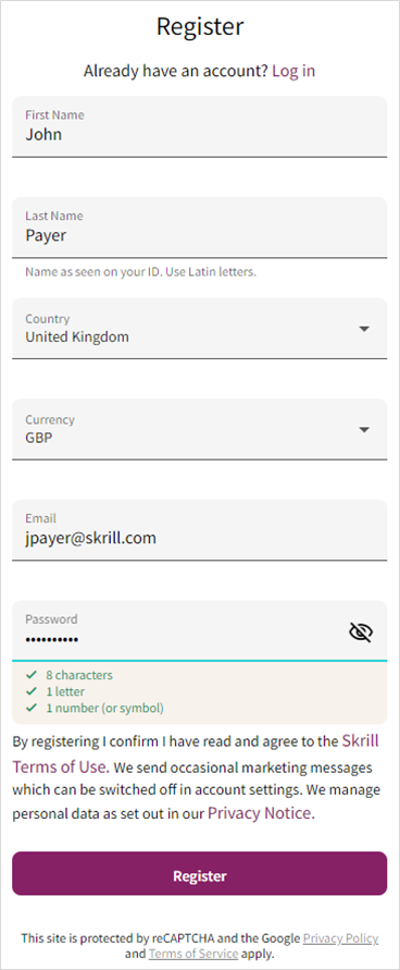 Sign up page for Skrill